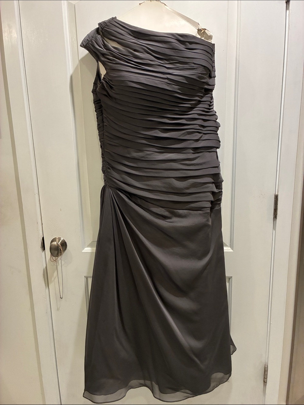 Bari Jay One-Shoulder Ruched Charcoal Gray Cocktail Dress